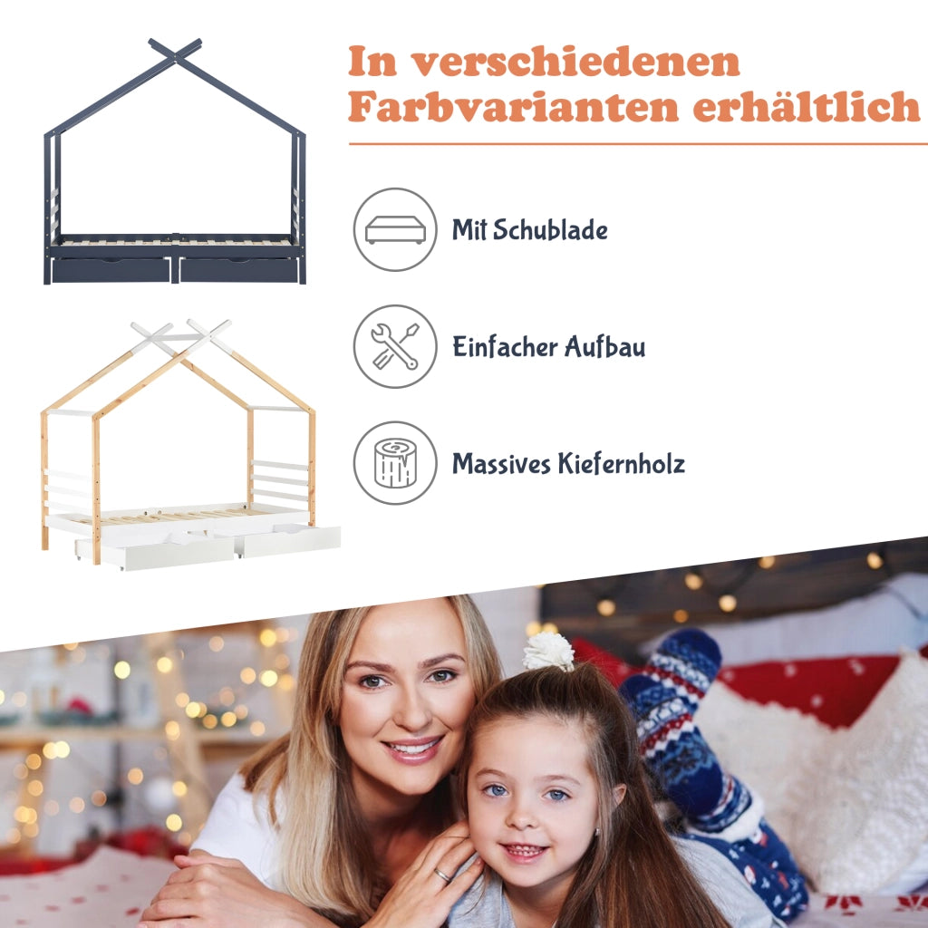 Letto a casa per bambini bianco con cassetti in legno massello di pino 90x200 cm