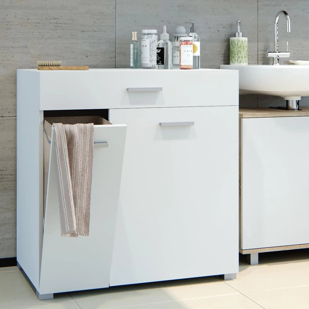 Armadietto da bagno con portabiancheria Matteo, Bianco, 75 x 78.5 cm, con cesto della biancheria integrato e soluzione salvaspazio