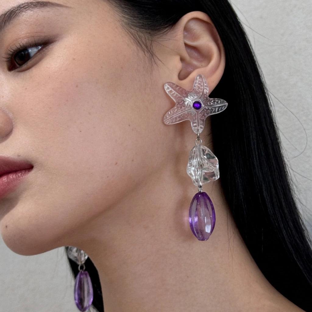 Orecchini a stella trasparenti in stile vacanza estiva per donna, design di nicchia, orecchini/perni viola di alta gamma e versatili