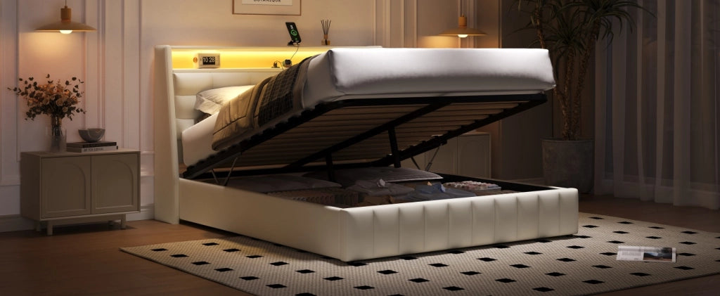 Letto a piattaforma imbottito 160 x 200 cm con luce LED e USB, contenitore sotto, cuscini testiera regolabili, Bianco