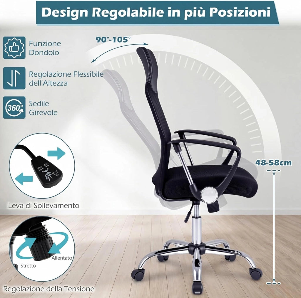 Sedia da Ufficio Girevole, Schienale Ergonomico | Altezza Regolabile, Poltrona Scrivania in Rete, Braccioli Curvi, Ruote, per Casa Studio