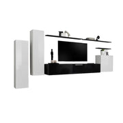 Set di mobili da soggiorno SWITCH I – Bianco e nero lucido – Mobile TV e contenitori sospesi moderni
