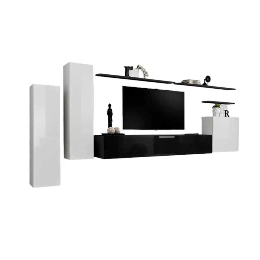 Set di mobili da soggiorno SWITCH I – Bianco e nero lucido – Mobile TV e contenitori sospesi moderni