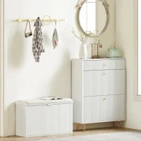 Panca Scarpiera con Ripiano Interno, in Legno e Tessuto Effetto Lino, 80x26x47.5 cm, Bianca e Beige