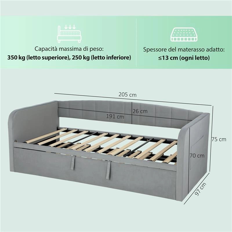 LETTO DIVANO 3 POSTI CON LETTINO ESTRAIBILE CONVERTIBILE IN LETTO MATRIMONIALE,205X186X75 CM, GRIGIO CHIARO
