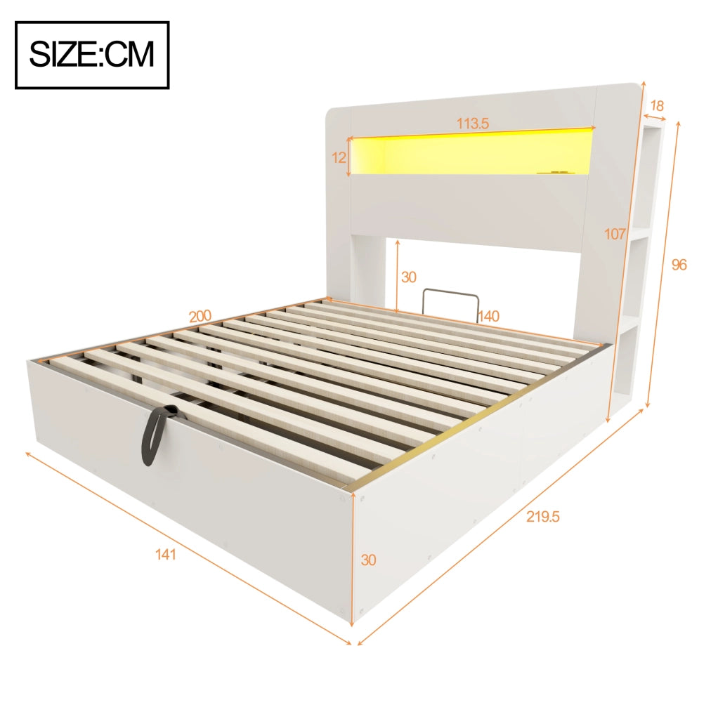 Letto contenitore matrimoniale 140x200 cm in legno bianco con sistema di sollevamento idraulico; LED e prese integrate