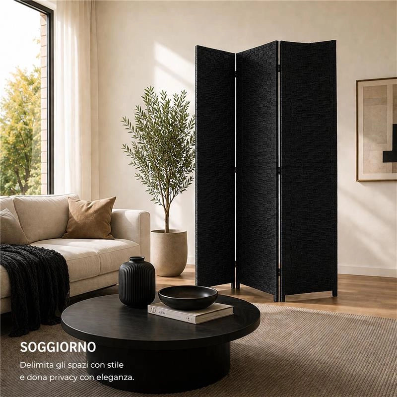 SEPARE' CON TRE PANNELLI IN PLASTICA NERO CON STRUTTURA IN LEGNO MISURE: 180X135CM