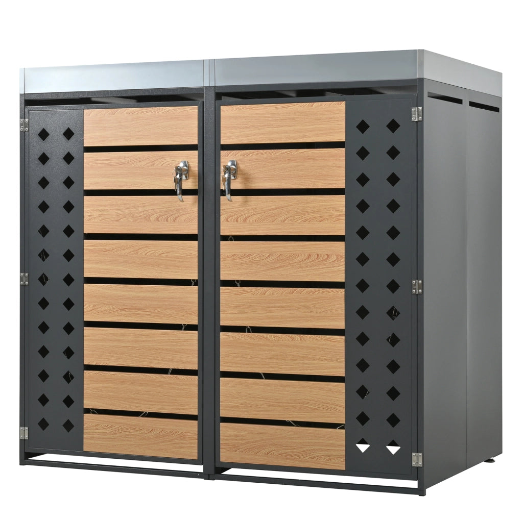 Porta bidoni da esterno con fioriera integrata; 2 vani; 132x80x124;6 cm; grigio e legno