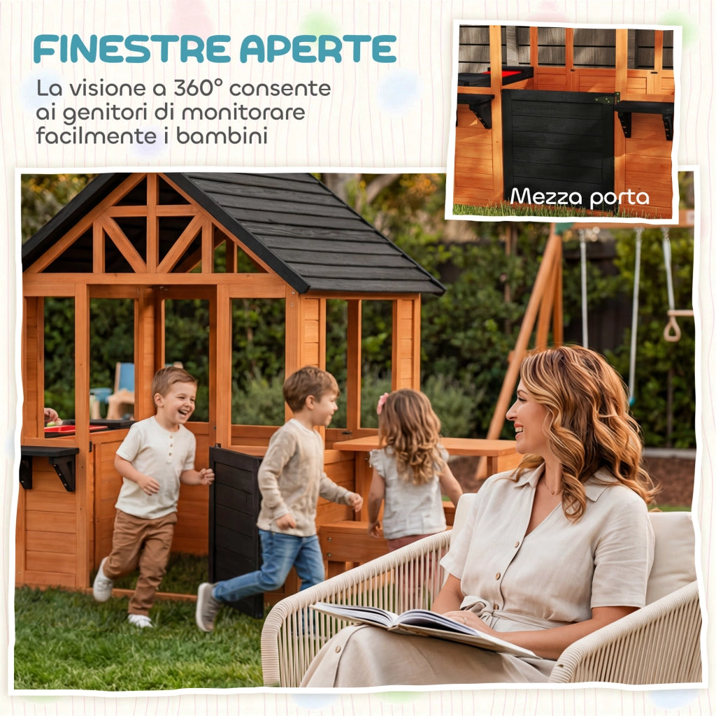 Casetta in Legno , Gioco Interno/Esterno per Bambini 3-8 Anni con Tavolo e Panche, Marrone