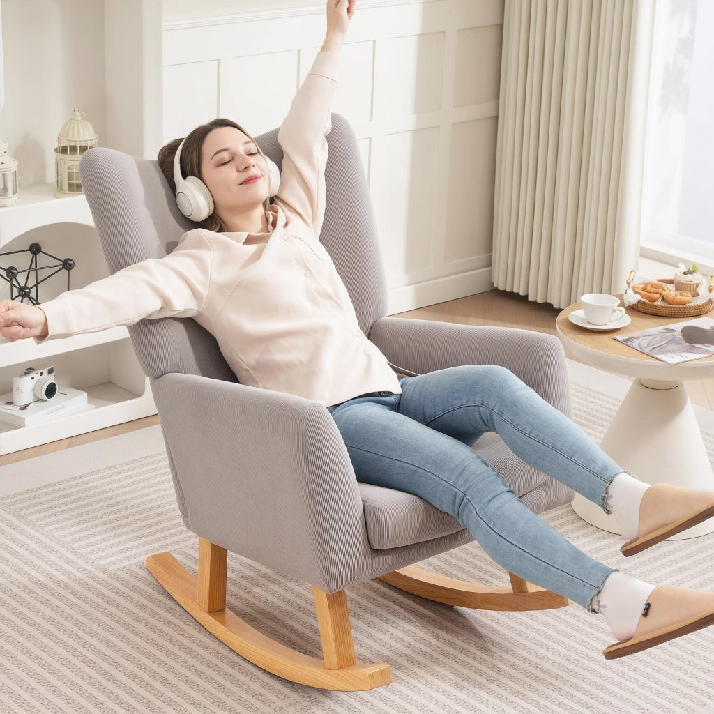 Poltrona Dondolo Design Retr¨° ¨C zephmum ¨C Tessuto Corda, Legno Gomma, Grigio Chiaro