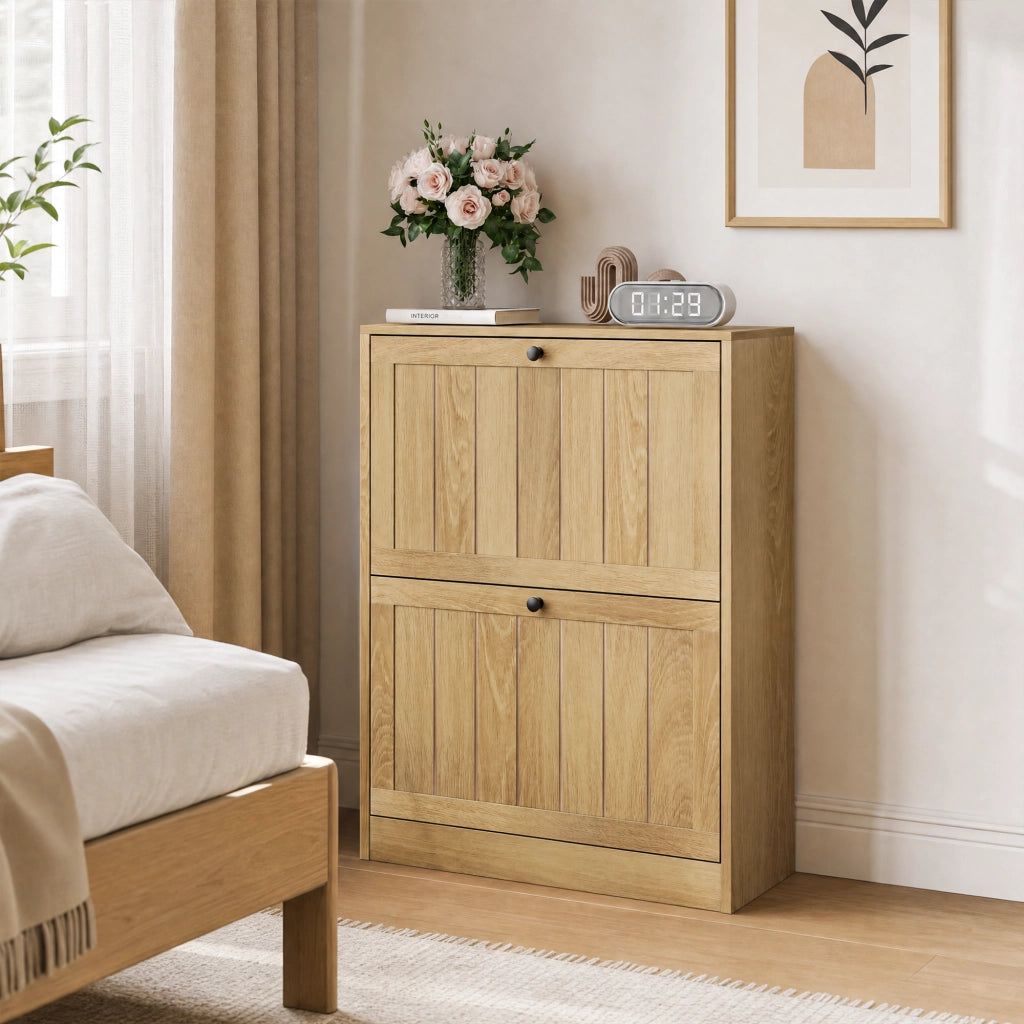 Scarpiera a ribalta 60 cm colore rovere, mobile portascarpe freestanding con 2 scomparti, stile moderno
