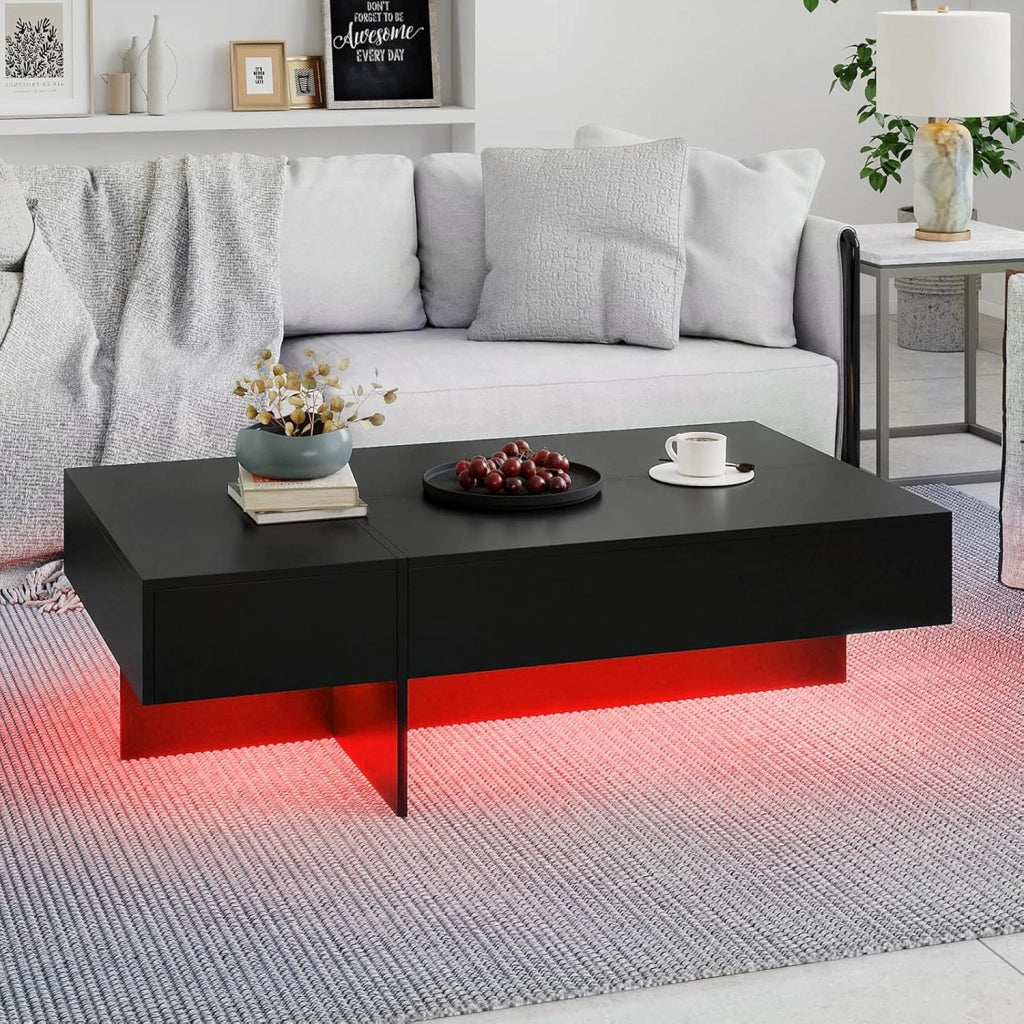 Tavolino da Salotto Moderno, Tavolino da Caffè con Luci LED Regolabili, 3 Cassetti e Telecomando, Tavolo Basso Rettangolare per Soggiorno, Studio e Ufficio, 120 x 70 x 35 cm (Nero)