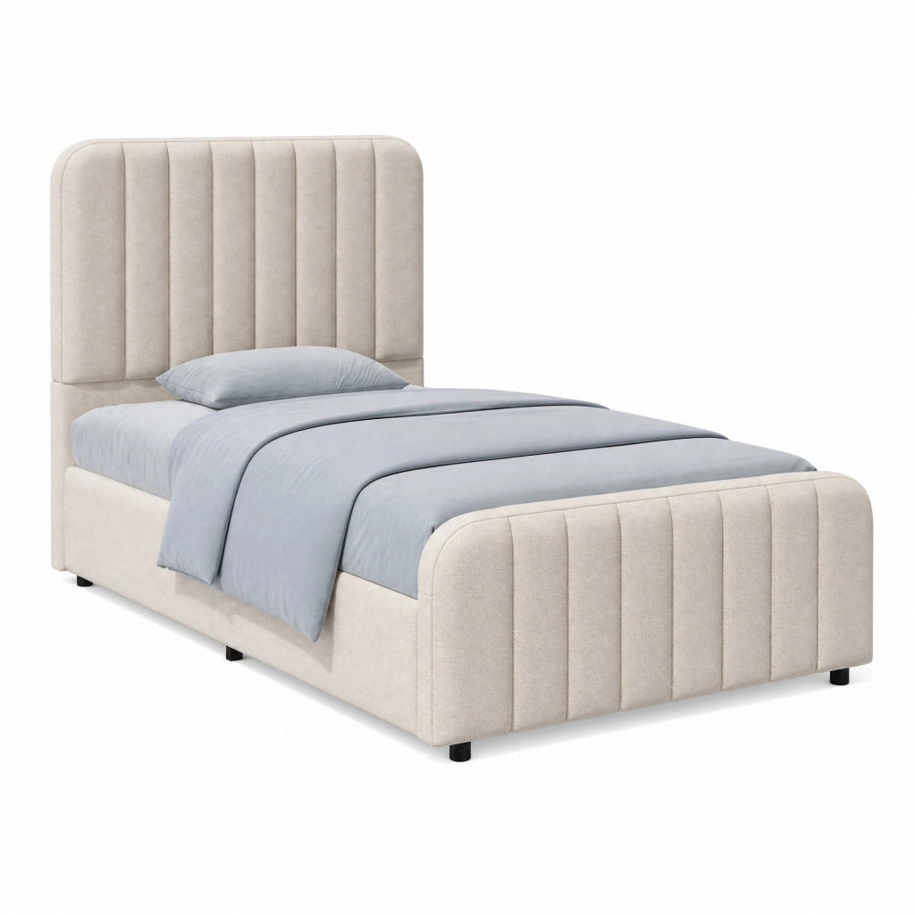 Letto singolo imbottito 90x200 cm con sollevamento idraulico, rete a doghe, testiera trapuntata e vano contenitore, beige