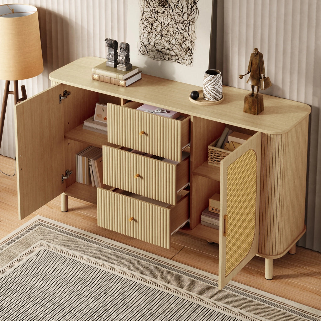 Credenza moderna 140 cm con ante in rattan e cassetti