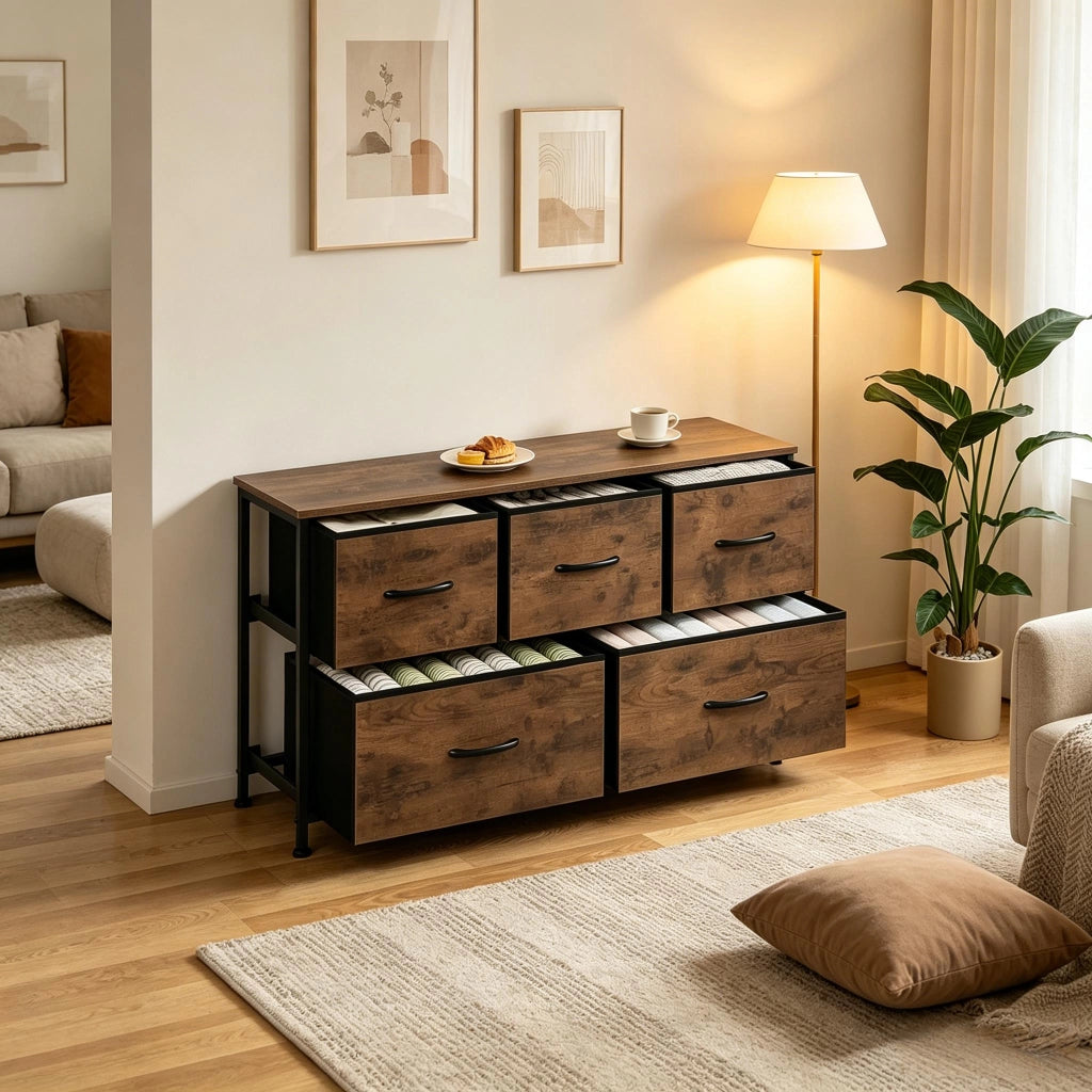 Comò con 5 cassetti in tessuto, struttura in metallo e MDF, stile vintage, per ingresso e soggiorno, 100 × 30 × 54 cm