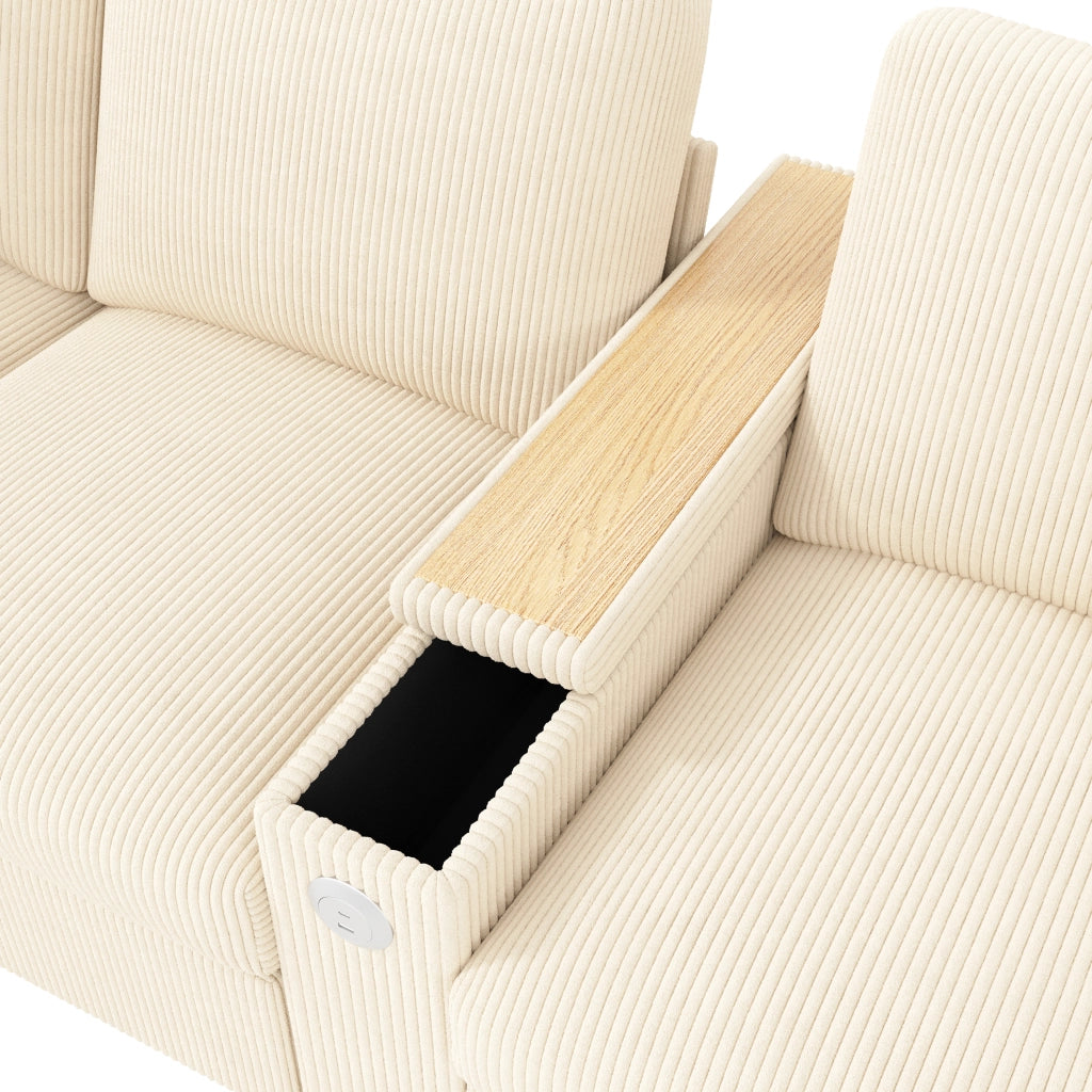 Divano 4 posti in velluto a coste con USB e USB-C bracciolo pieghevole vano contenitore beige 299 × 80 × 82,7 cm