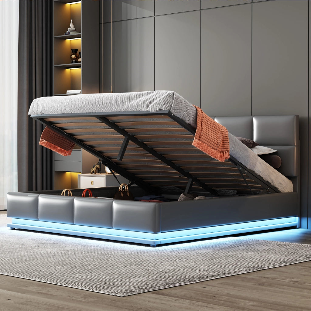 Letto Contenitore 160 x 200 cm; Letto Matrimoniale - LED e Testiera Regolabile - Grigio