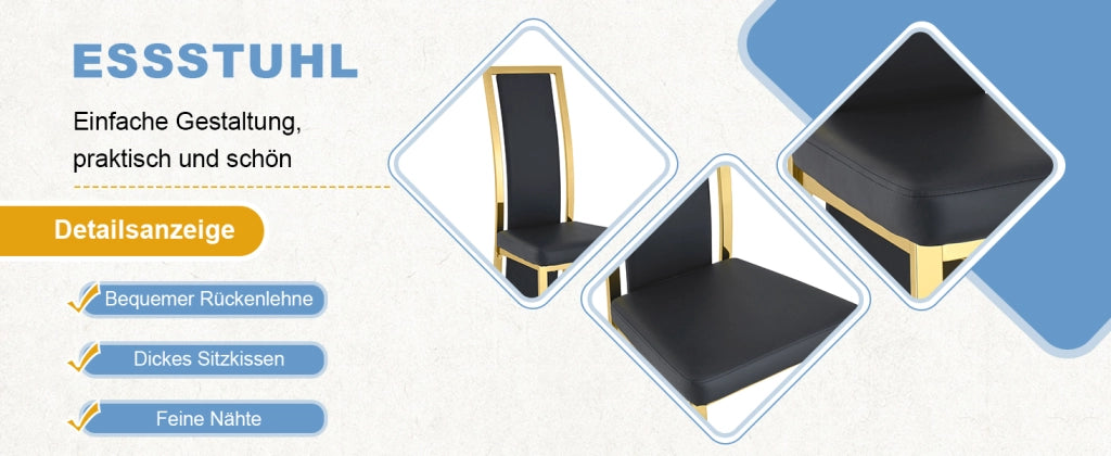 Set 4 Sedie da Pranzo in Ecopelle Nera ¨C MINIMAL ¨C Struttura Metallo Oro, 109 cm