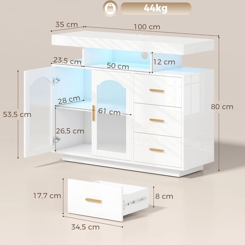 Credenza 100x35x80 cm bianco – LED, prese integrate, 3 cassetti e vani contenitori