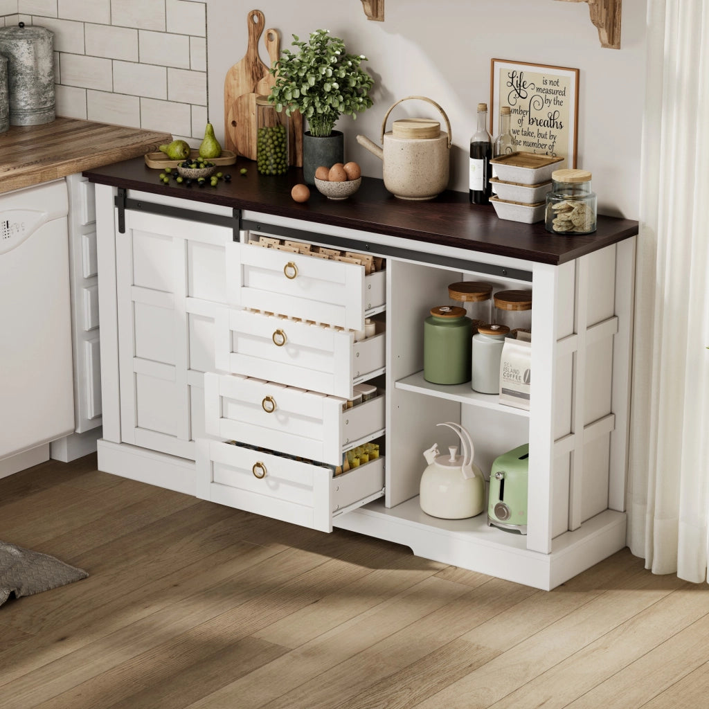 Credenza con 2 ante scorrevoli; 4 cassetti e ripiani regolabili per cucina in MDF bianco 150×40×85 cm
