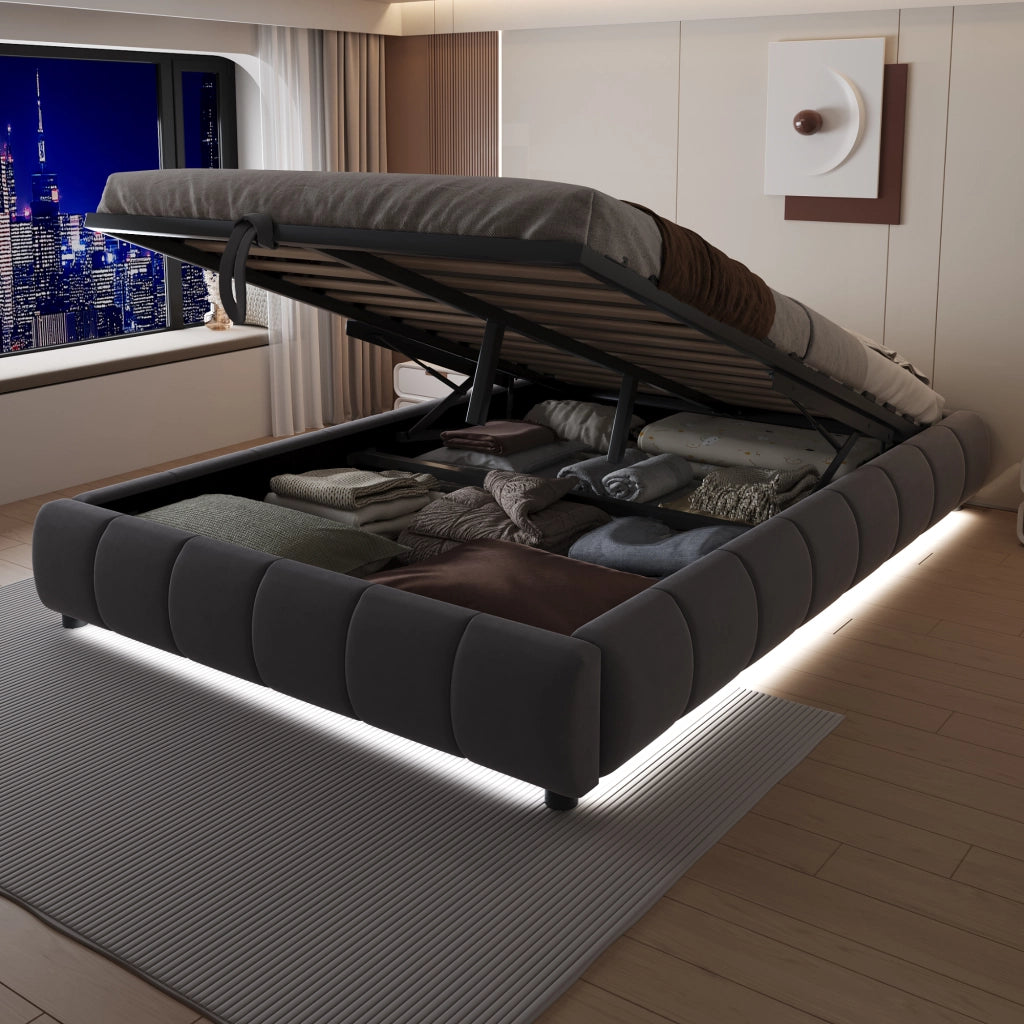 OKWISH Letto Contenitore 140×200 cm, Letto Matrimoniale con LED Bianca, Sollevamento Idraulico e Vano Contenitore, senza Materasso, Grigio