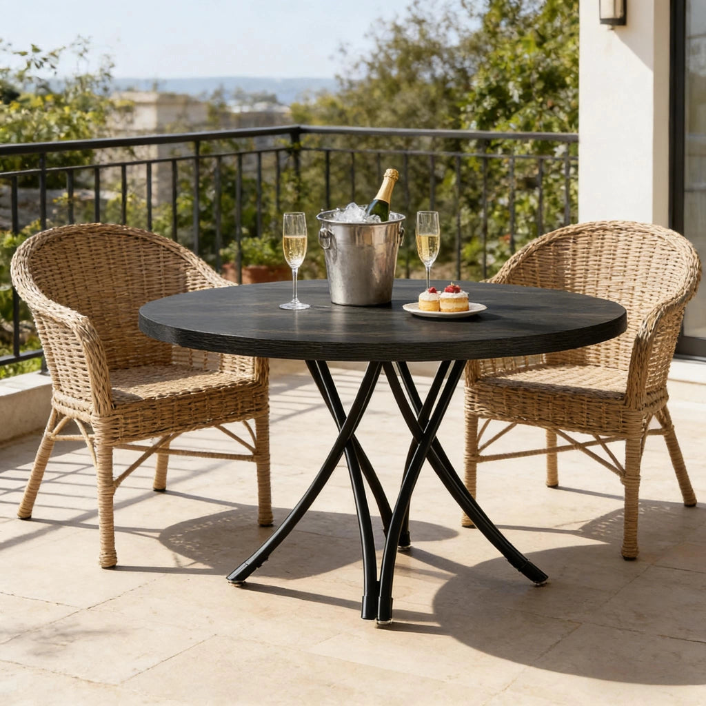 Tavolo rotondo classico nero da 120 cm per 4-6 persone, con gambe incrociate e montaggio semplice