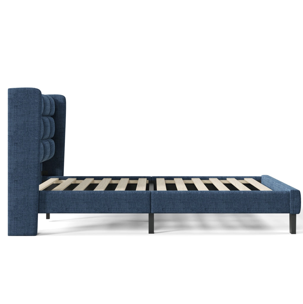 Letto singolo imbottito 90x200 cm in lino blu con rete a doghe e testiera per riposo confortevole