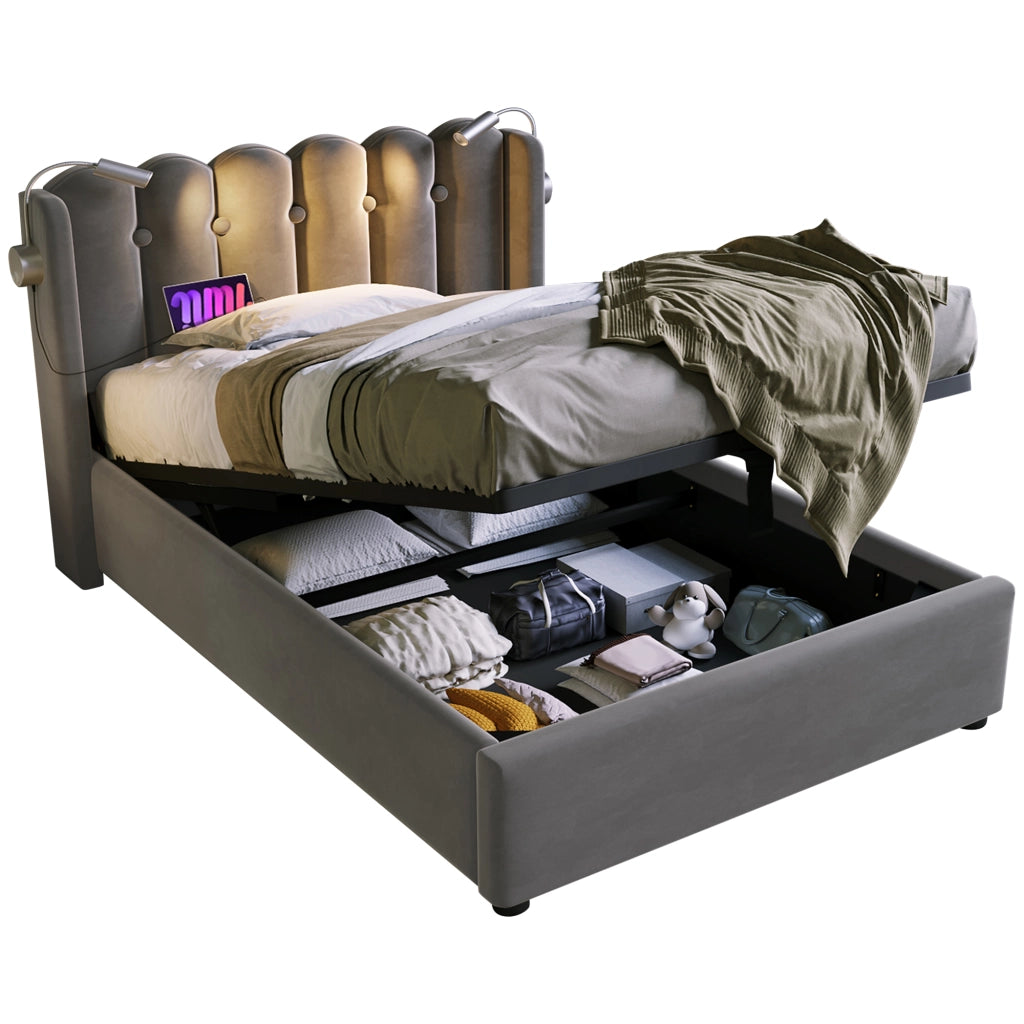 OKWISH Letto Contenitore 90×200 cm, Letto Singolo con USB, Luce da Lettura e Testiera, senza Materasso, in Velluto, Grigio