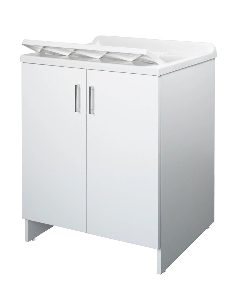 Mobile Lavatoio 2 Ante in Nobilitato 60x50x85 cm Vasca in PP con Asse in Resina e Kit di Scarico Bianco