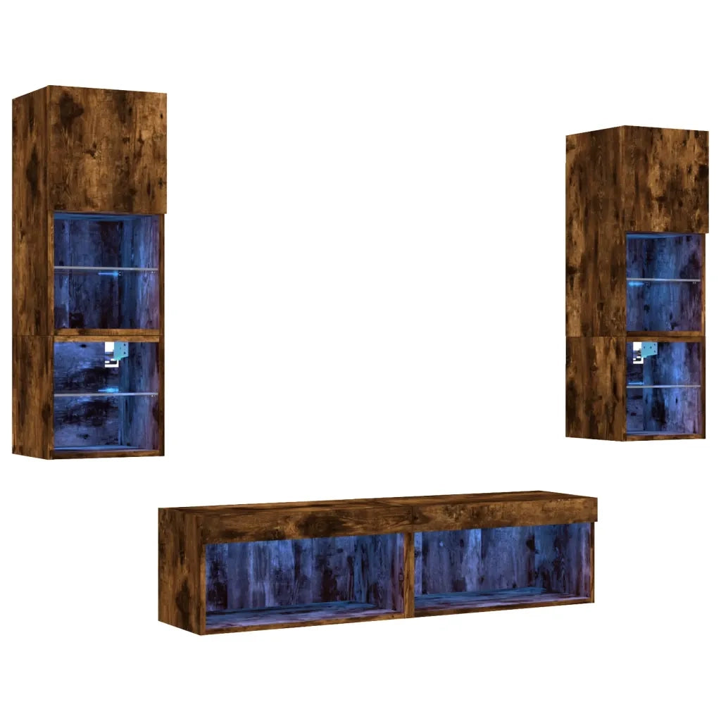Mobili TV a Muro con LED 6pz Rovere Fumo in Legno Multistrato 3216619