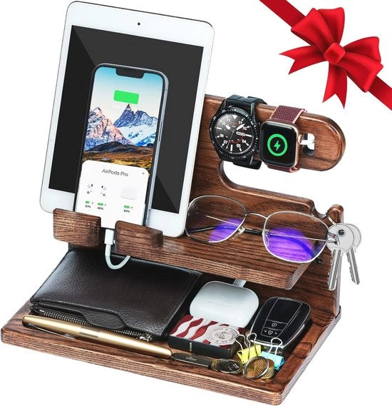 Stazione di Caricamento in Legno per Telefono e Tablet - Organizzatore per Ufficio e Idee di Regalo