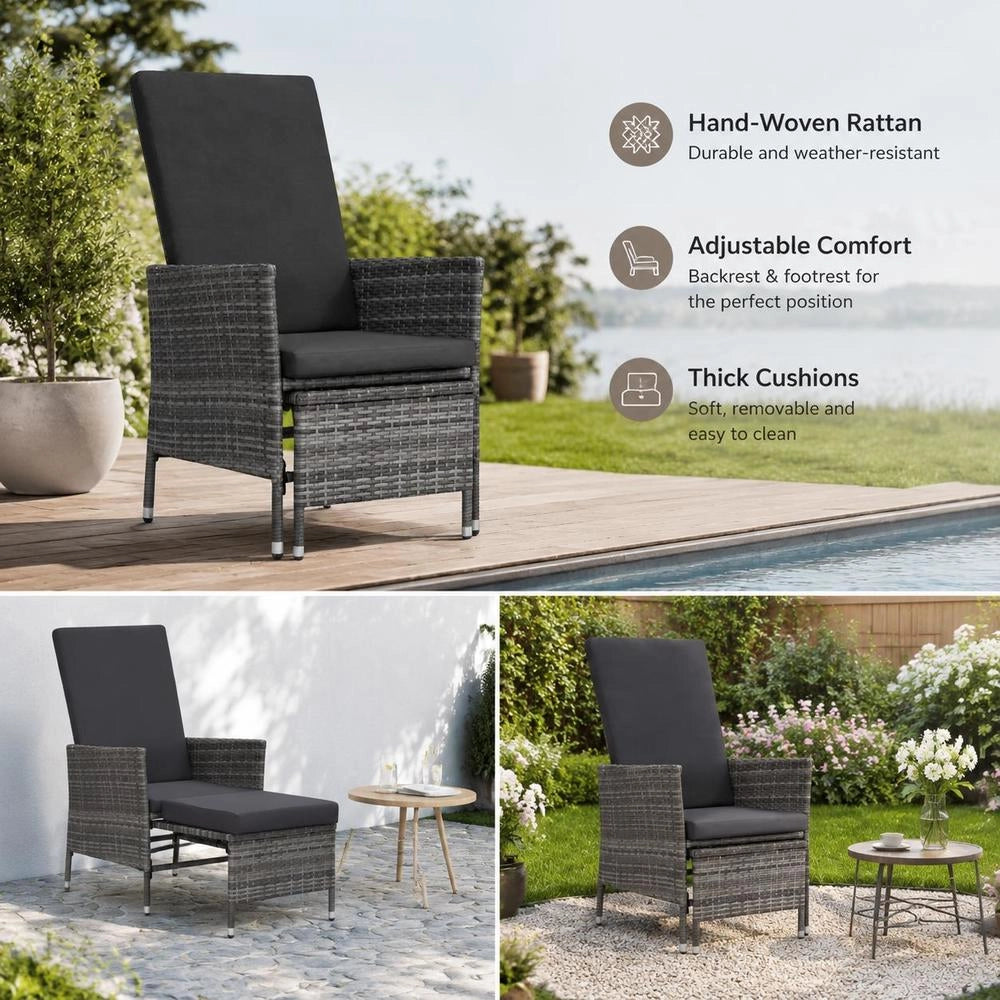 Garden Lounger With Cushions, Poly Rattan, Grey