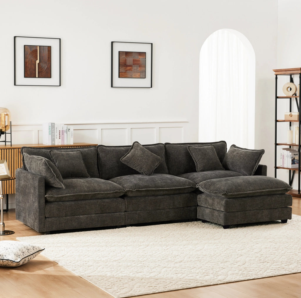Divano angolare ULEVR 3 posti con pouf mobile, chaise longue configurabile e cuscini, ciniglia grigio scuro