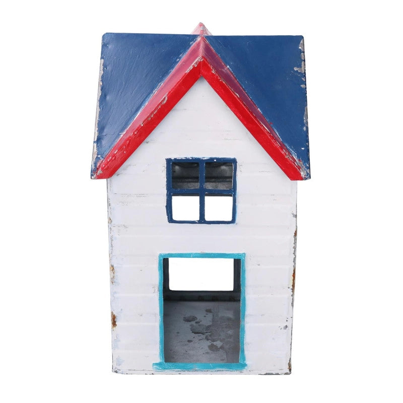 Lanterna metallo mare casetta bianco blu quadro cm 19x19h29