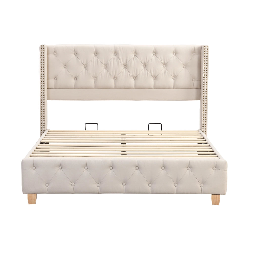 Letto imbottito 140x190 cm capitonn茅 con testiera e pediera in lino beige (Senza materasso)