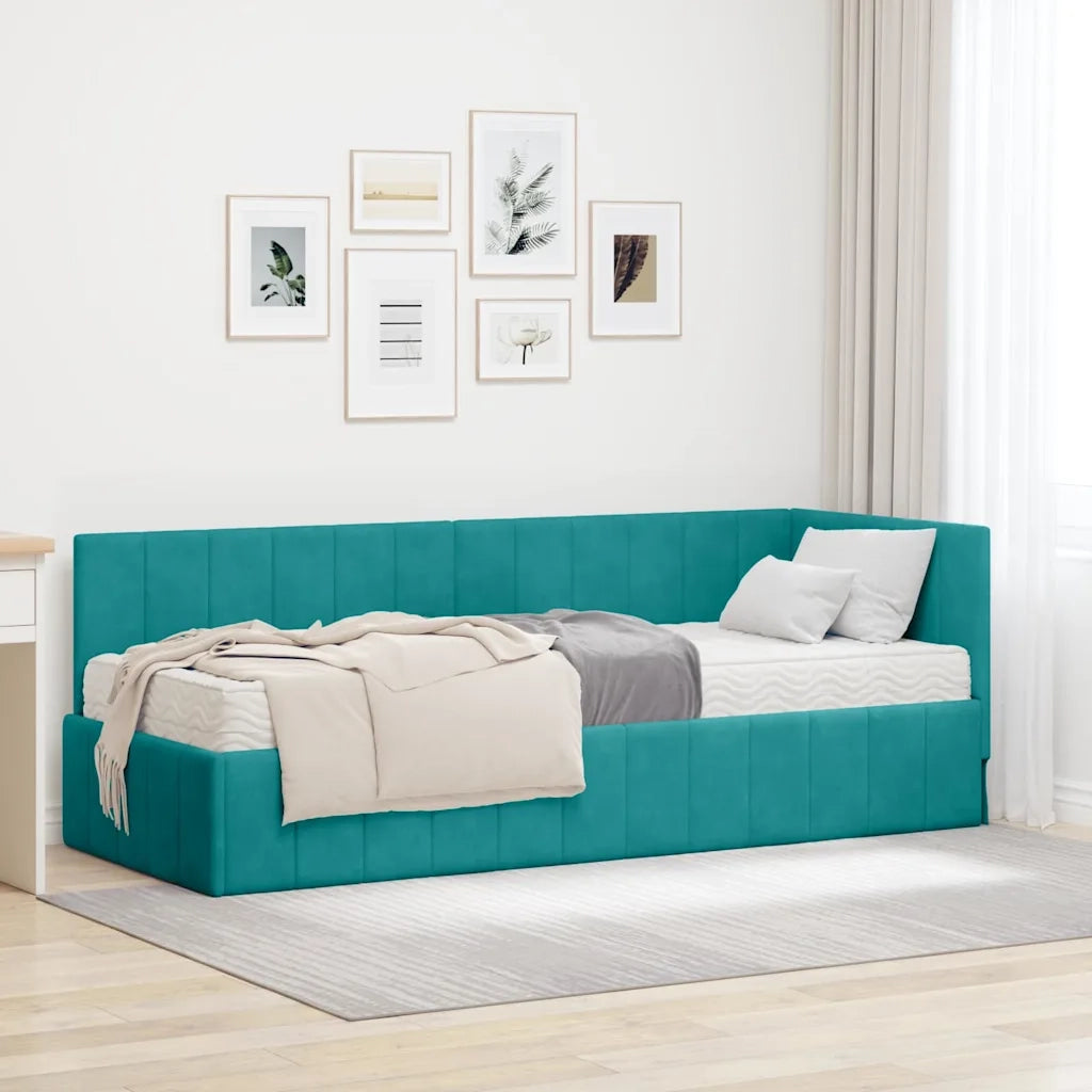 Letto singolo | Letto per adulti | Struttura Letto Angolare con Materasso 2 pcs Turchese Velluto