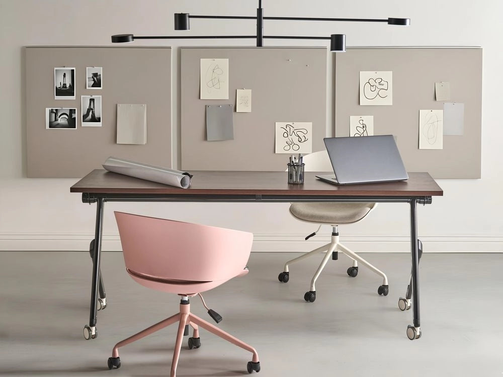 Scrivania rettangolare pieghevole con rotelle portatile con struttura in metallo marrone scuro e nero 180 x 60 stile moderno