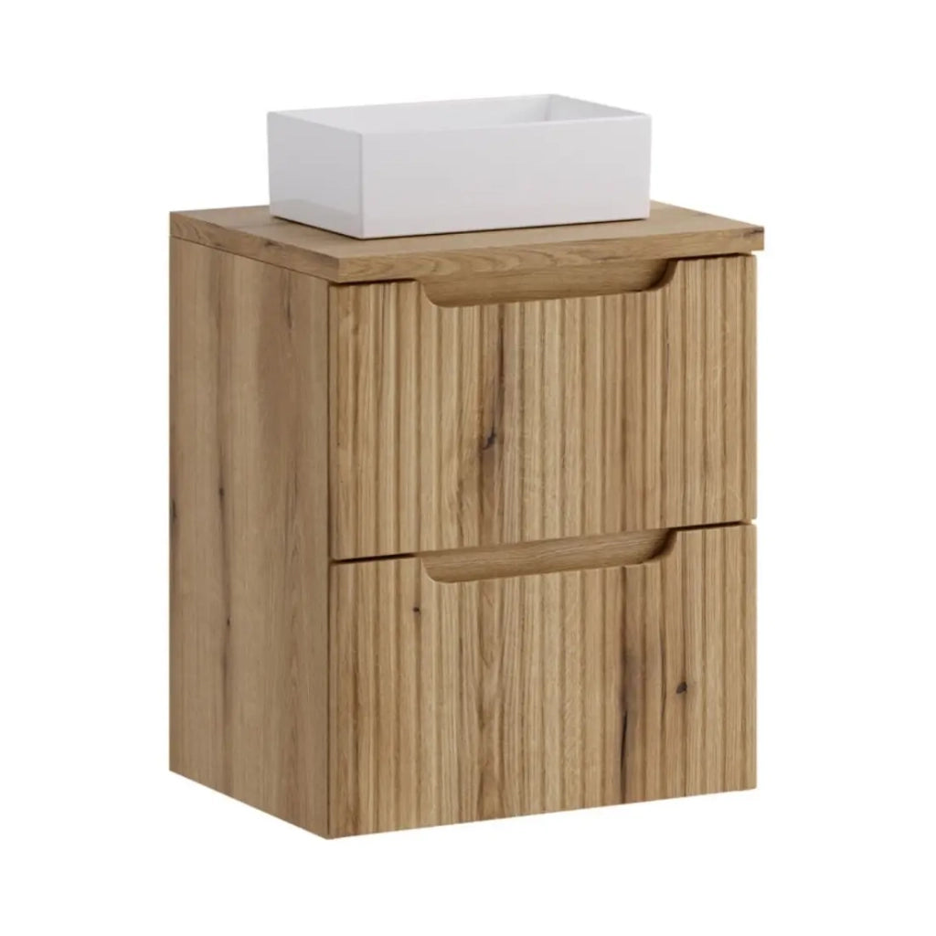 Set da bagno VANO in rovere chiaro 50cm: mobile sottolavabo con cassetti + piano per lavabo + lavabo rettangolare da appoggio