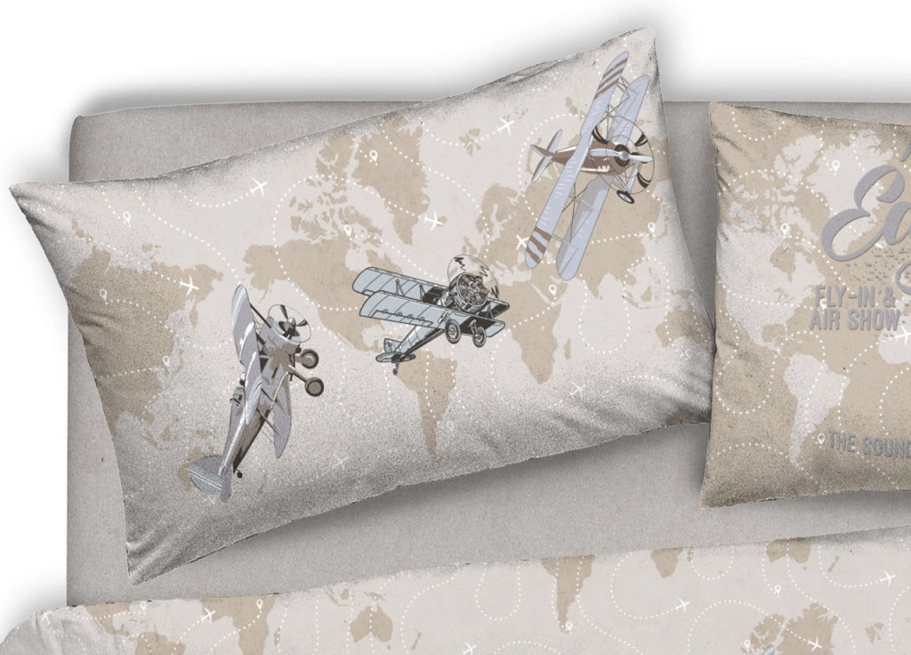 Copripiumino Sacco Piumone Pensieri Delicati Cotone Disegno Aerei - Matrimoniale - Beige