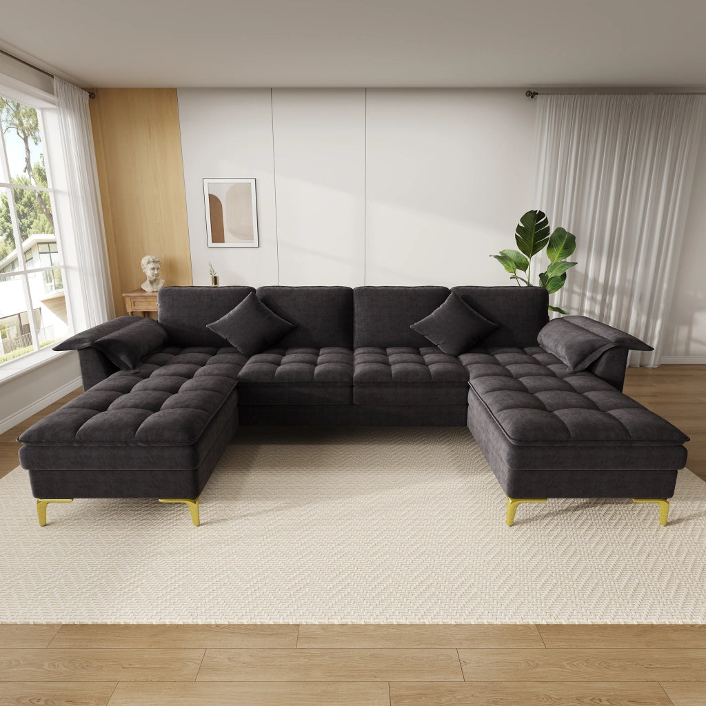 Divano angolare a U modulare con 2 chaise longue e cuscini in ciniglia nera per soggiorno 262 × 134 × 86 cm