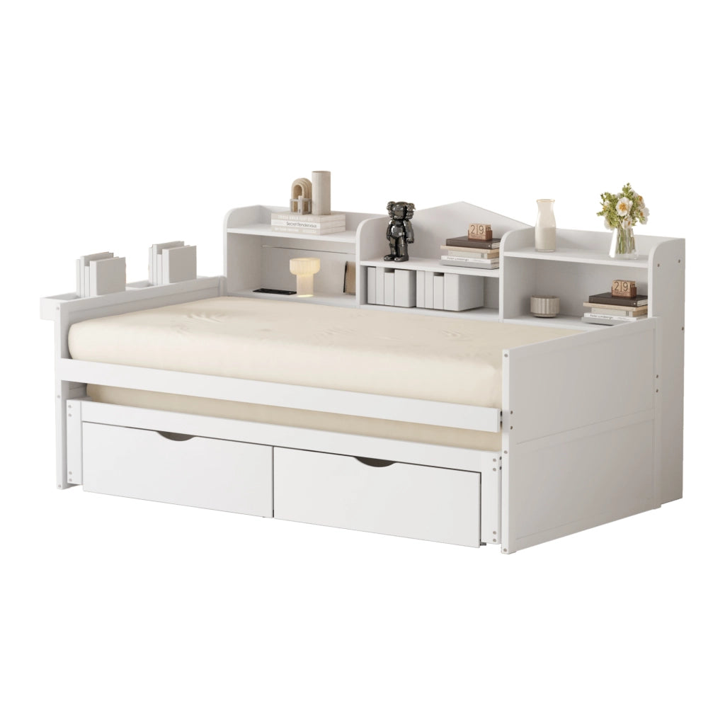 OKWISH Letto a Divano 90×200 cm, Letto Singolo con Letto estraibile 90×190 cm, 2 Cassetti, Vano contenitore e USB, senza Materasso, Bianco