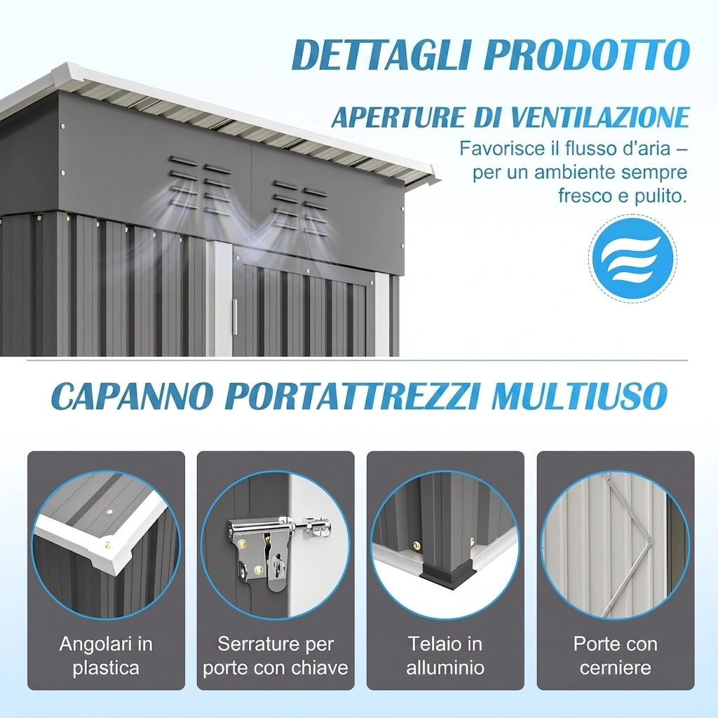 Casetta da Giardino 152x84x182 cm in Metallo Grigio - 1.27 m²- Resistente alle intemperie