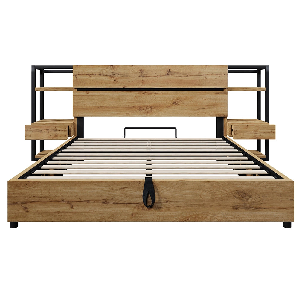 Letto matrimoniale-Xylo-160x200 cm-contenitore idraulico, USB/Type-C, testiera, quercia