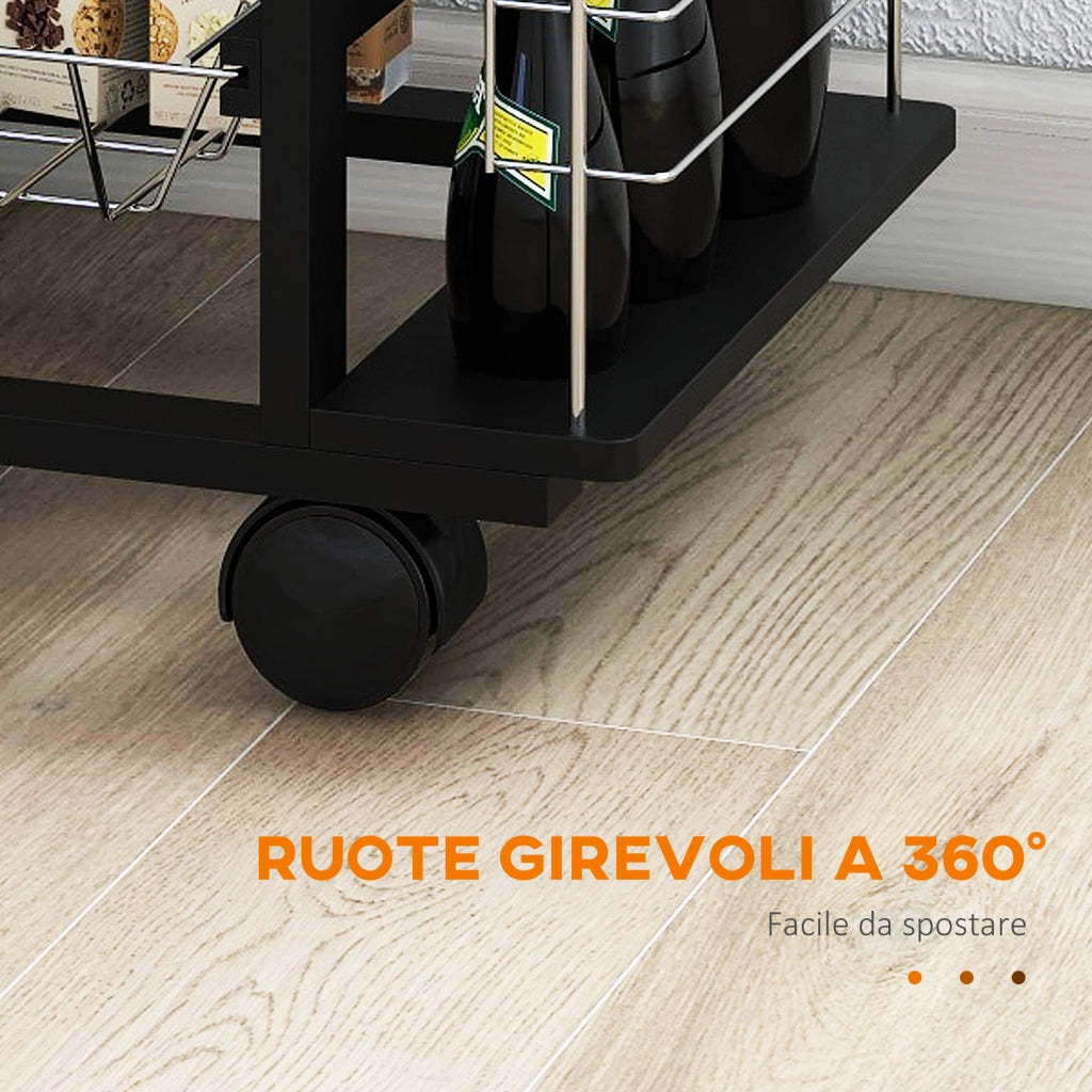 Carrello da Cucina con 4 Cesti e Cassetto ¨C Minimal ¨C Nero, Metallo e Legno di Pino, 57x37x83 cm