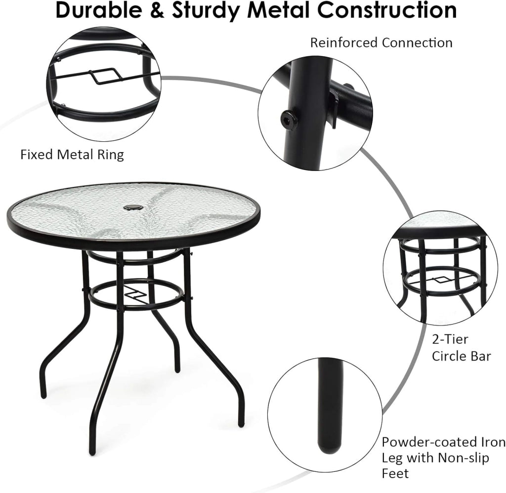 Tavolo da giardino rotondo φ80 cm, tavolo da bistrot in metallo e vetro, tavolo da balcone con foro per portaombrelli, tavolino da caffè in vetro, resistente alle intemperie, per interni ed