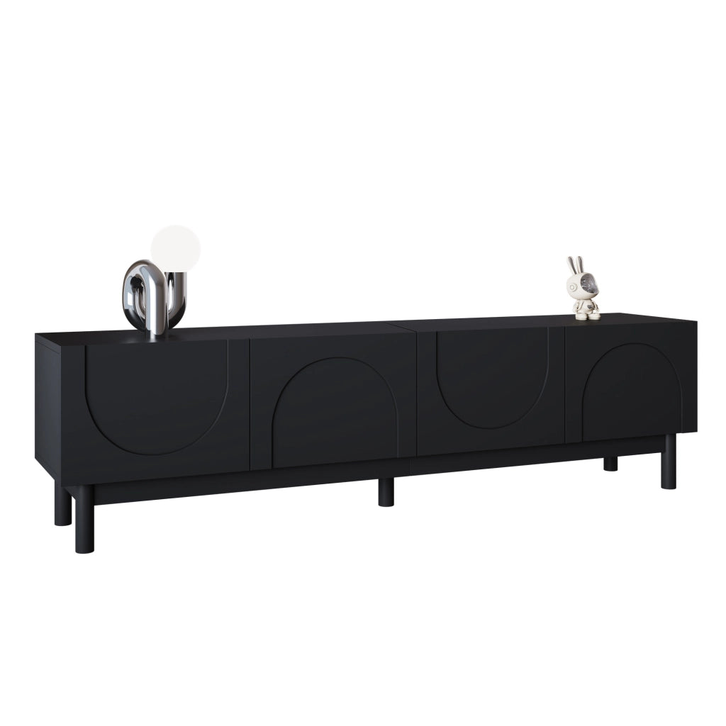 OKWISH Mobile TV con 4 Ante e Ripiani, Frontali Ondulati senza Maniglie, per Soggiorno, MDF e Pannelli di Particelle, Nero, 169 × 34 × 45.5 cm