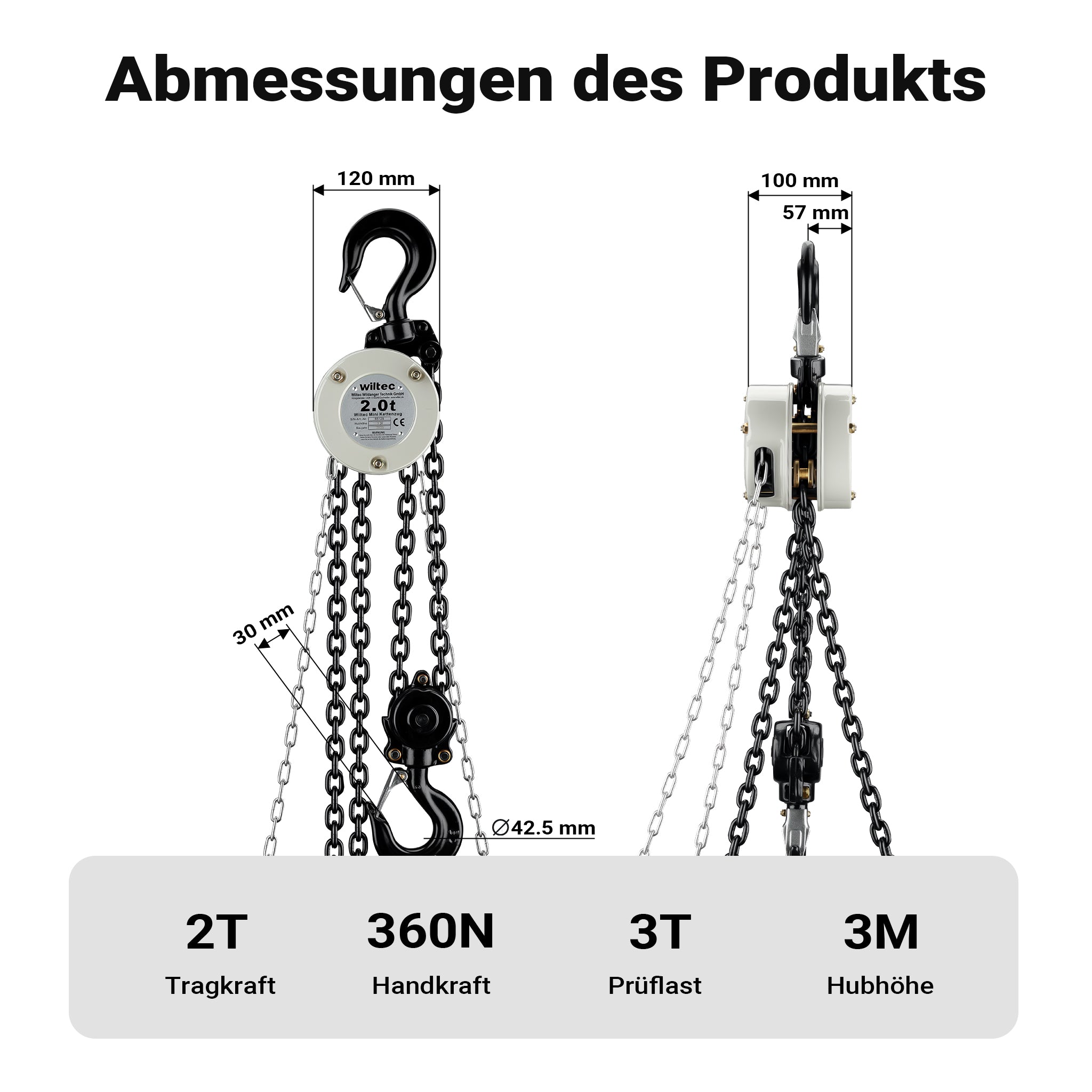 Mini paranco a catena manuale VSK-2, capacità di carico 2 t, altezza di sollevamento 3 m, per sollevare e abbassare carichi pesanti in officine, magazzini e cantieri, per impieghi gravosi
