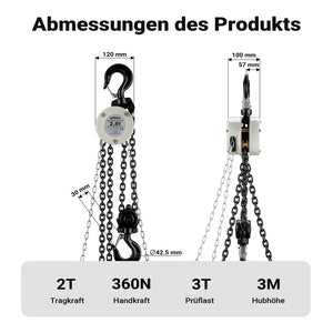Mini paranco a catena manuale VSK-2, capacità di carico 2 t, altezza di sollevamento 3 m, per sollevare e abbassare carichi pesanti in officine, magazzini e cantieri, per impieghi gravosi