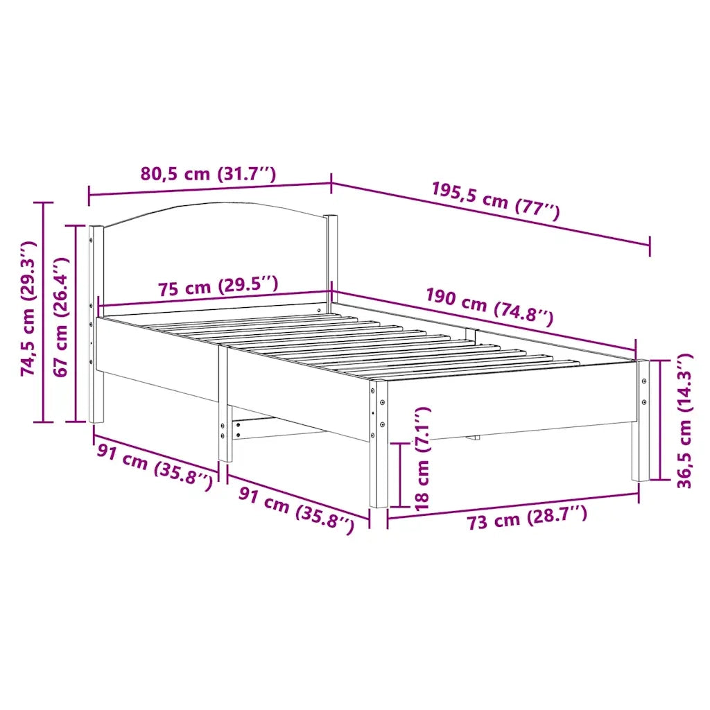 Letto senza Materasso Bianco 75x190 in Legno Massello di Pino