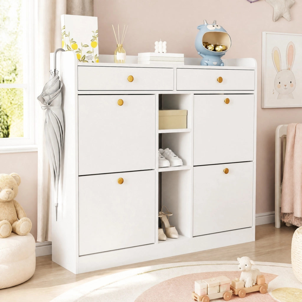 Scarpiera bianca 110x26x100 cm con 4 ante a ribalta; 2 cassetti e 3 vani